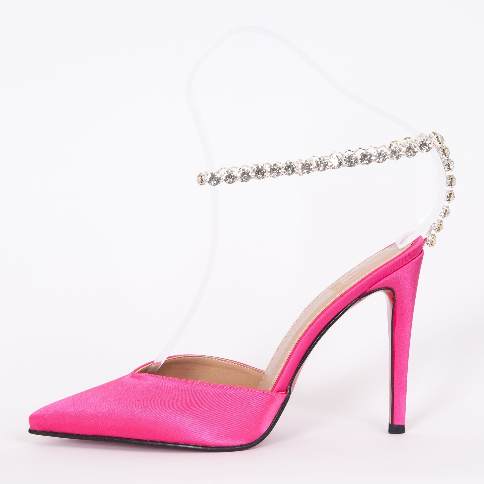 Дамски обувки розов сатен с кристална верижка с ток 10 см.