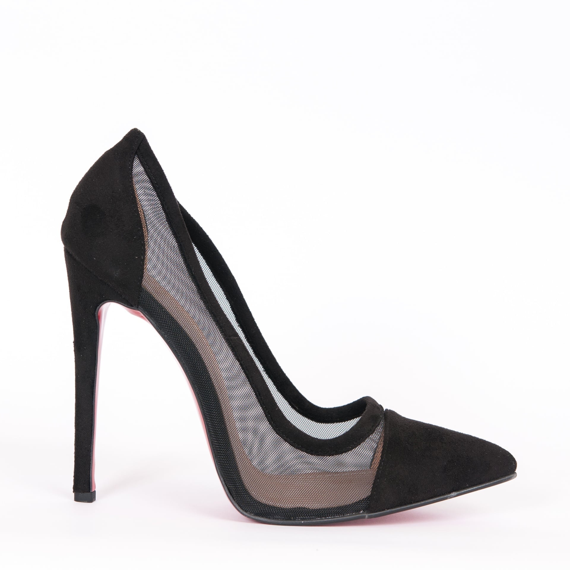Дамски обувки велур мрежа черен с ток 12 см.