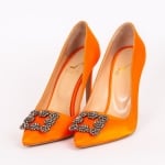 Дамски обувки Маноле оранж сатен с ток 100мм.