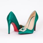 Дамски обувки зелен сатен с ток 10 см.